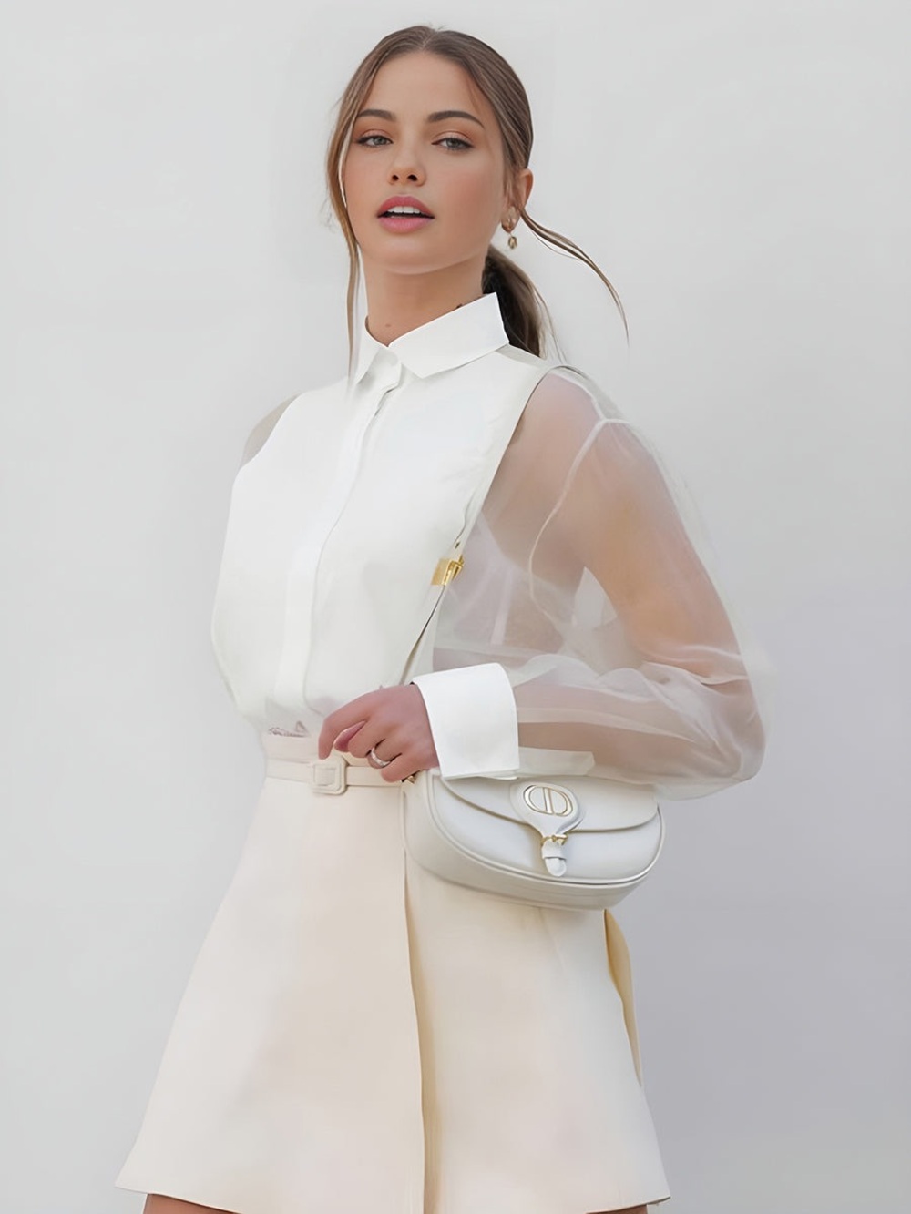 Commense Semi-Sheer Puff Sleeve Organza Shirt